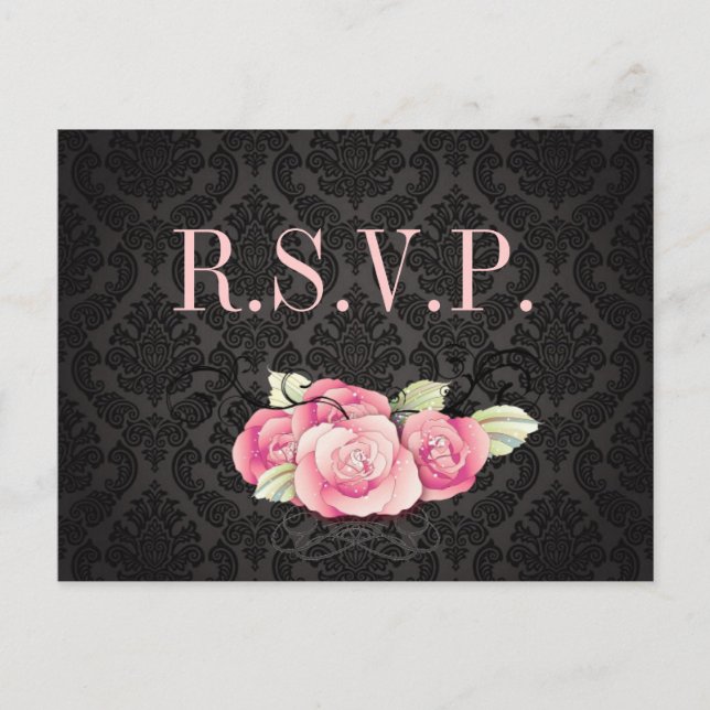 Gothic Black Damask Rosa Rosa Brautparty Einladungspostkarte (Vorderseite)