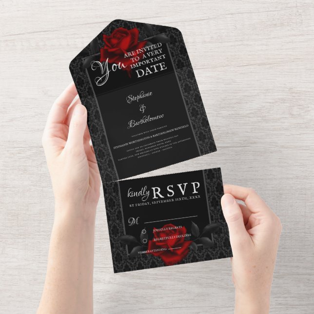 Gothic Black Damask Rose Wedding All In One Einladung (Abreißen)