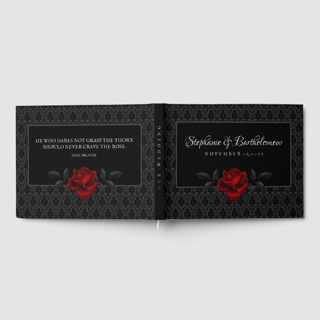 Gothic Black Damask Rose Wedding Gästebuch (Voll)