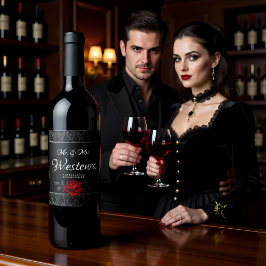 Gothic Black Damask Rose Wedding Weinetikett