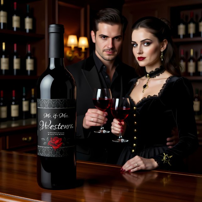 Gothic Black Damask Rose Wedding Weinetikett (Von Creator hochgeladen)