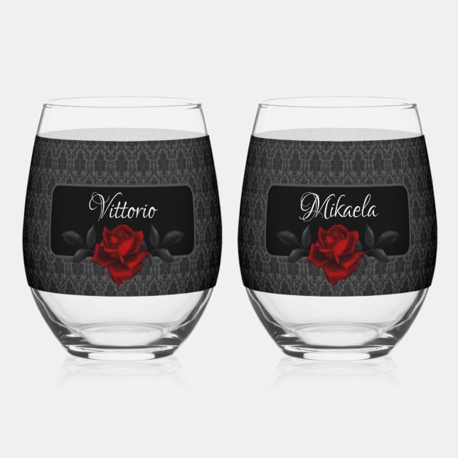 Gothic Black Damask Rose Wedding Weinglas Ohne Stiel (Vorderseite)