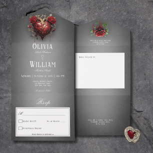 Gothic Black Dark Heart & Rote Rosen Kein Abendess All In One Einladung