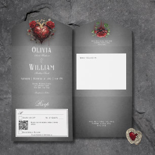 Gothic Black Dark Heart & Rote Rosen QR Code All In One Einladung