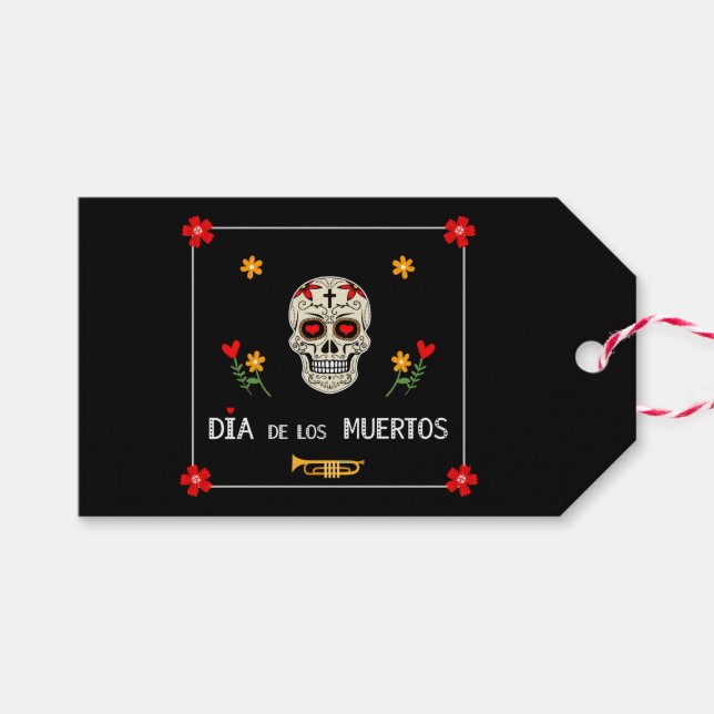 Gothic Black Dia de los Muertos Sugar Skull Blume Geschenkanhänger (Vorderseite (Horizontal))