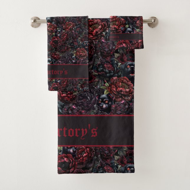 Gothic Black Dog & Dunkle Blumenmuster Badhandtuch Set (Insitu)