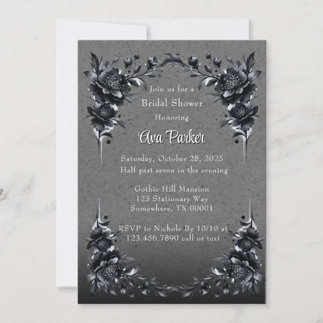 Gothic Black Floral Border Brautparty Einladung (Vorderseite)