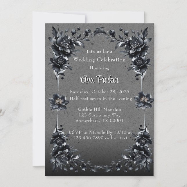 Gothic Black Floral Border Wedding Celebration Einladung (Vorderseite)