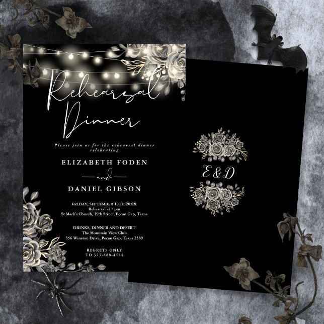 Gothic Black Floral Lights Probe Dinner Einladung (Gothic Black Floral Lights Rehearsal Dinner Invitation)