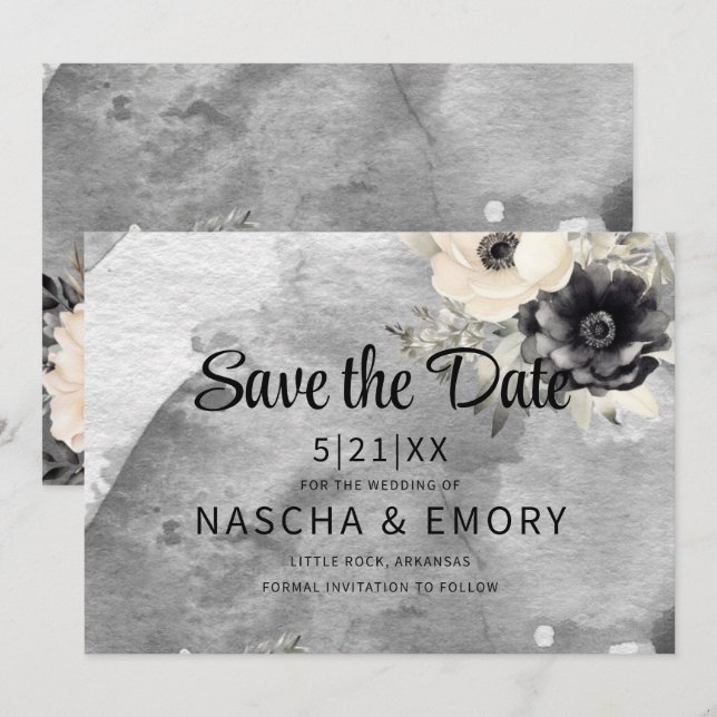 Gothic Black Floral Peony Wedding Save The Date (Vorne/Hinten)