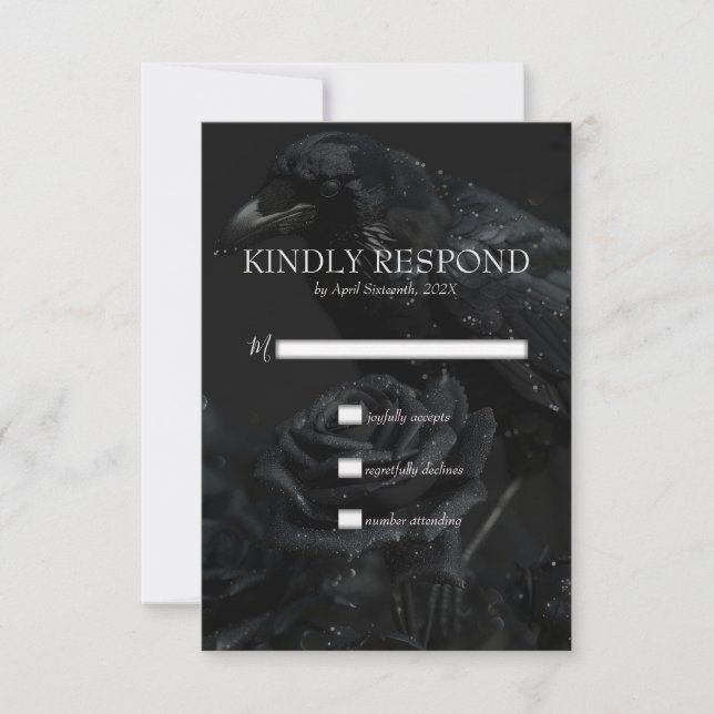Gothic Black Floral Raven & Rose Wedding RSVP Karte (Vorderseite)