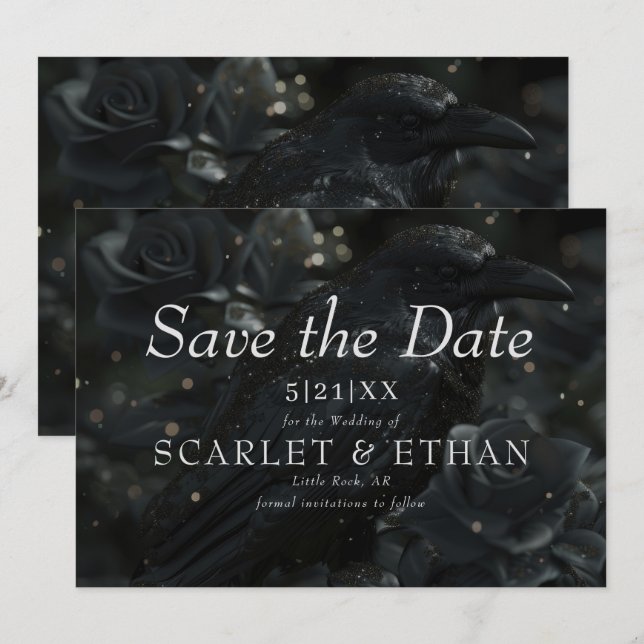 Gothic Black Floral Raven & Rose Wedding Save The Date (Vorne/Hinten)