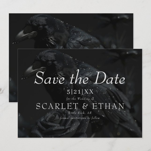 Gothic Black Floral Raven & Rose Wedding Save The Date (Vorne/Hinten)