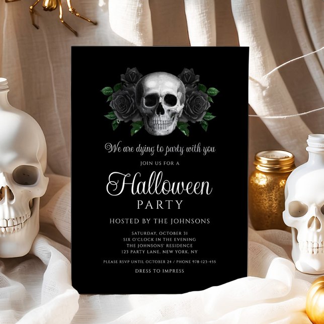 Gothic Black Floral Skull Halloween Einladung (Gothic Black Floral Skull Halloween Invitation)