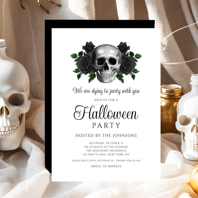 Gothic Black Floral Skull Halloween Einladung (Gothic Black Floral Skull Halloween Invitation - digital download)