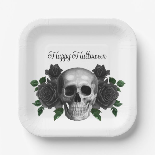 Gothic Black Floral Skull Halloween Pappteller (Vorderseite)