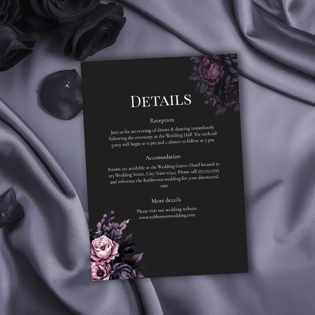 Gothic Black Floral Wedding Details Card Einladung (Gothic Black Floral Wedding Details Card on a gothic wedding table with black roses)