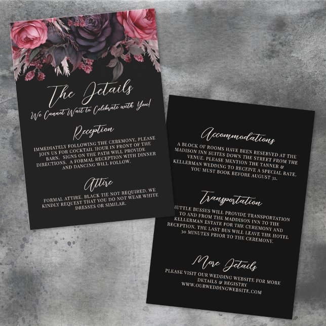 Gothic Black Floral Wedding Details Unterkünfte Begleitkarte (Gothic Black Floral Wedding Details Accommodations Enclosure Card )
