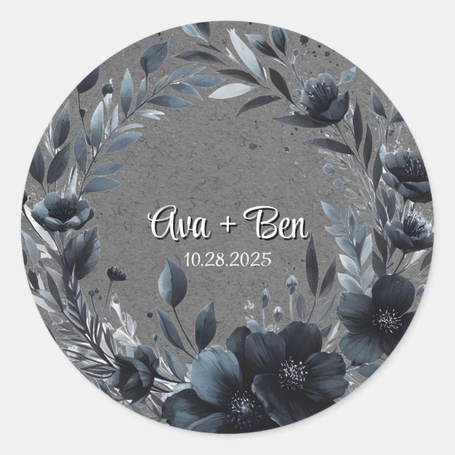 Gothic Black Floral Wedding Runder Aufkleber (Vorderseite)