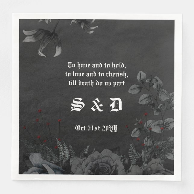 Gothic Black Floral White Lettering Wedding Serviette (Vorderseite)