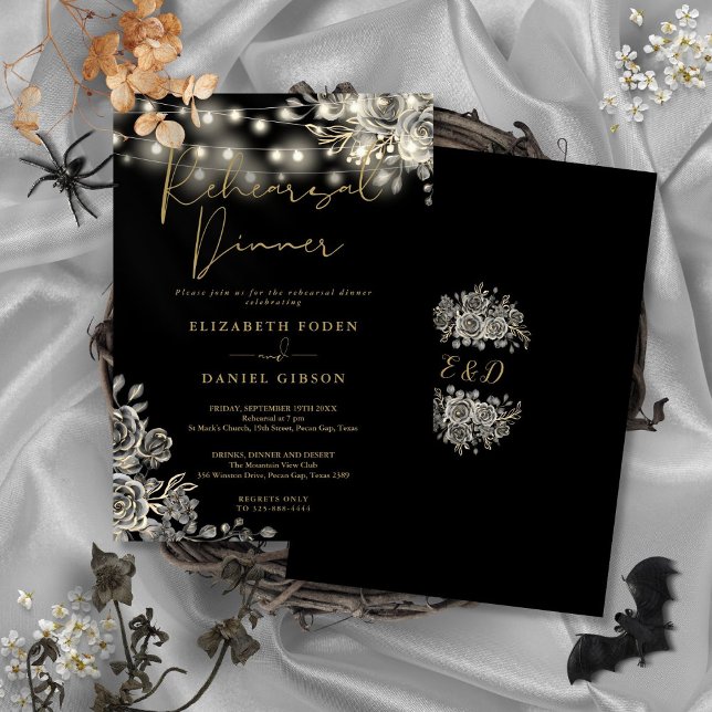 Gothic Black Gold Floral Lights Probe Dinner Einladung (Gothic Black Gold Floral Lights Rehearsal Dinner Invitation)