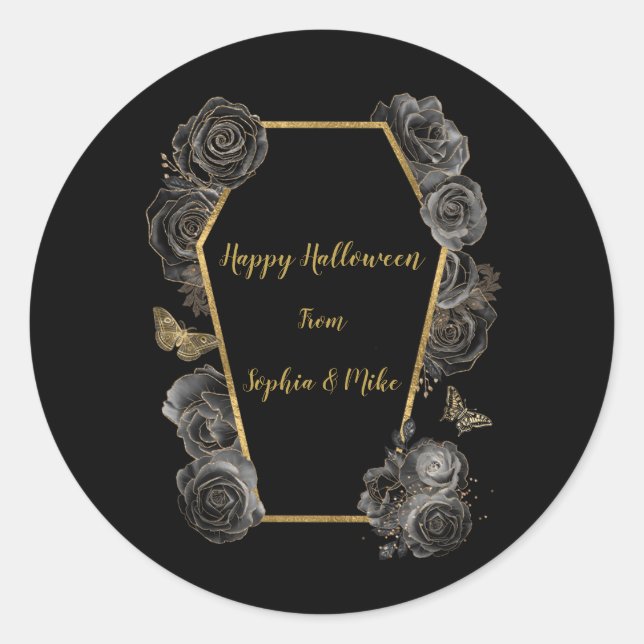 Gothic Black & Gold Rose Coffin Halloween Runder Aufkleber (Vorderseite)