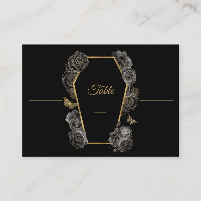 Gothic Black & Gold Rose Coffin Wedding Flat Platzkarte (Vorderseite)