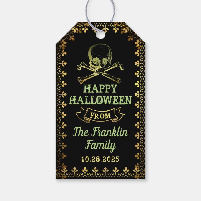 Gothic Black & Gold Skull Halloween-Party Geschenkanhänger (Vorderseite)