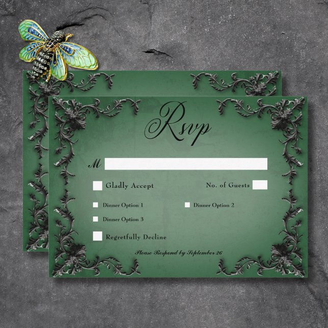 Gothic Black & Green Filigree Herzessen RSVP Karte (Gothic Black & Green Filigree Heart Dinner RSVP Card)