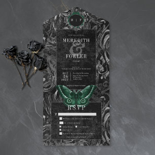 Gothic Black Green Filigree Motten Hochzeitsessen All In One Einladung