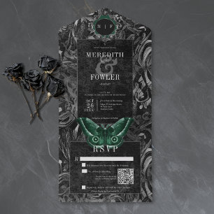 Gothic Black Green Filigree Motten-QR-Code-Hochzei All In One Einladung