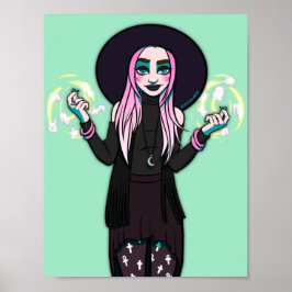 Gothic Black Green Modern Anime Witch Illustration Poster