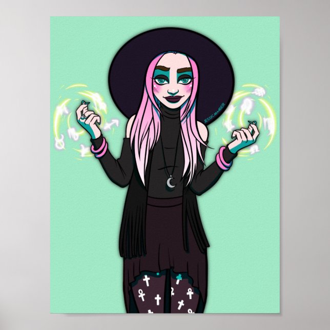 Gothic Black Green Modern Anime Witch Illustration Poster (Vorne)