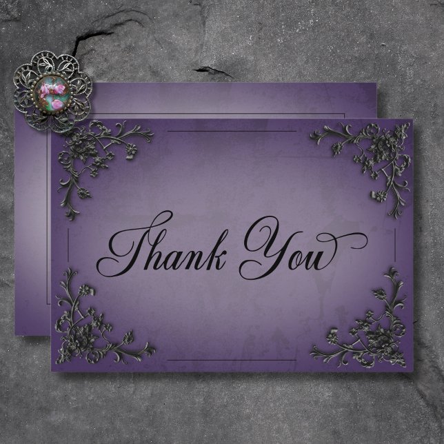 Gothic Black & Lila Filigree Heart Wedding Dankeskarte (Gothic Black & Purple Filigree Heart Wedding Thank You Card)