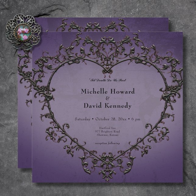Gothic Black & Lila Filigree Heart Wedding Einladung (Gothic Black & Purple Filigree Heart Wedding Invitation)