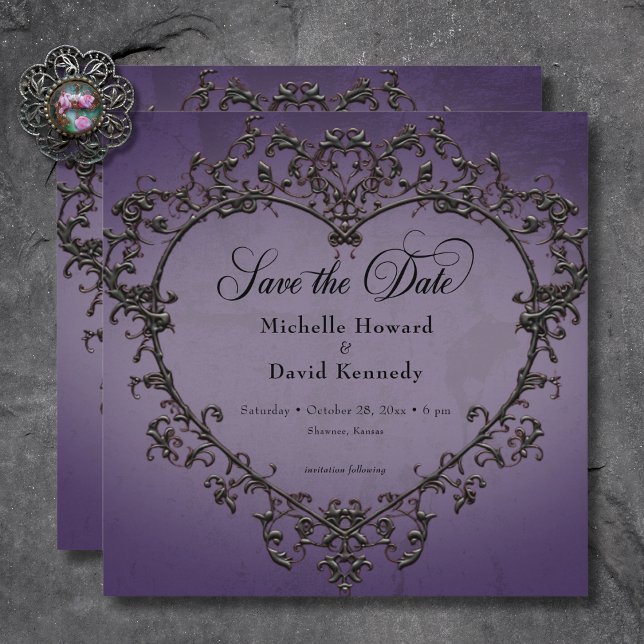 Gothic Black & Lila Filigree Heart Wedding Save The Date (Gothic Black & Purple Filigree Heart Wedding Save The Date)