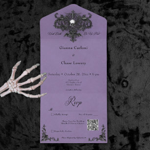 Gothic Black & Lila Halloween Filigree QR Code All In One Einladung