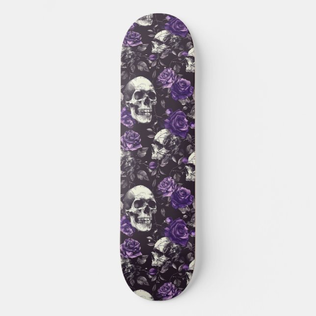 Gothic Black Lila Skulls and Rose Skateboard (Vorderseite)