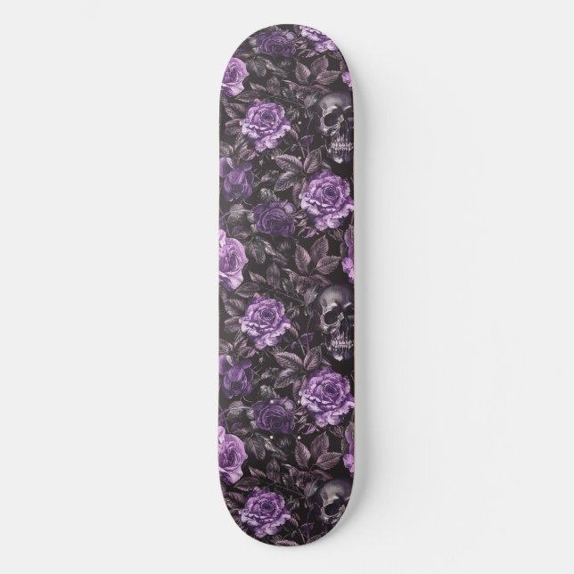 Gothic Black Lila Skulls and Rose Skateboard (Vorderseite)