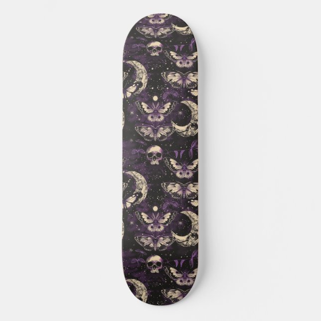 Gothic Black Lila Skulls Moths Moon Skateboard (Vorderseite)