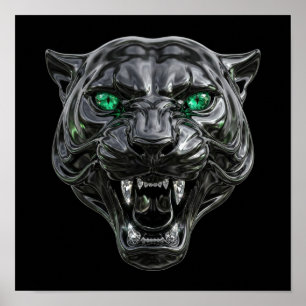 Gothic Black Panther Liquid Chrome Smaragdaugen Ar Poster