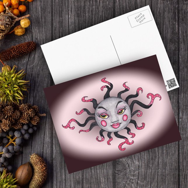 Gothic Black Pink Sun Goddess Postcard Postkarte (Fantasy pink gray sun with pretty face on pink fading to dark grey postcard.)