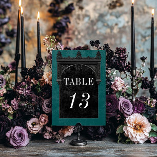 Gothic Black Raven & Black Arch Teal Hochzeit Tischnummer