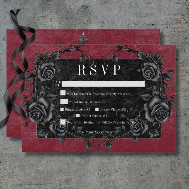 Gothic Black Raven & Black Rose Abendessen RSVP Karte (Gothic Black Raven & Black Roses Wine Dinner RSVP Card)