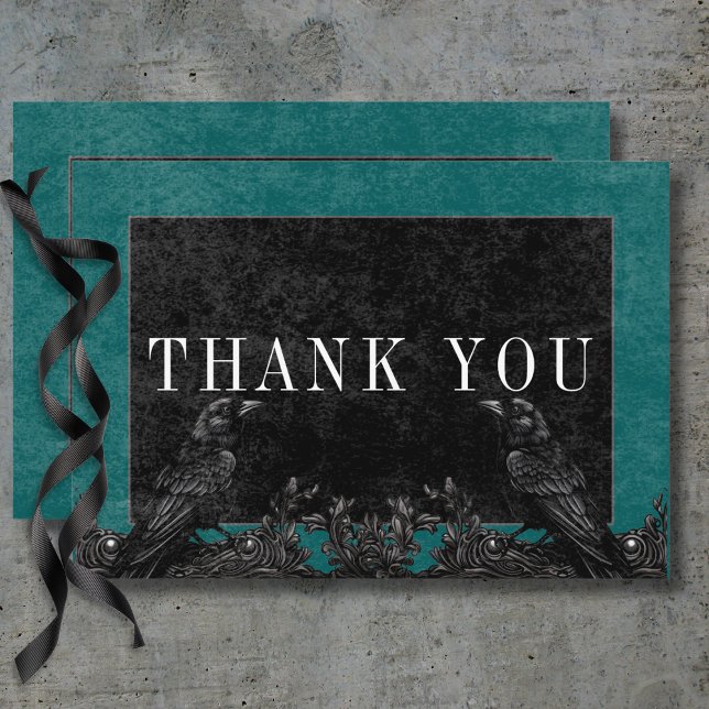 Gothic Black Raven & Black Rose Aquamarine Details Dankeskarte (Gothic Black Raven & Black Roses Teal Details Thank You Card)
