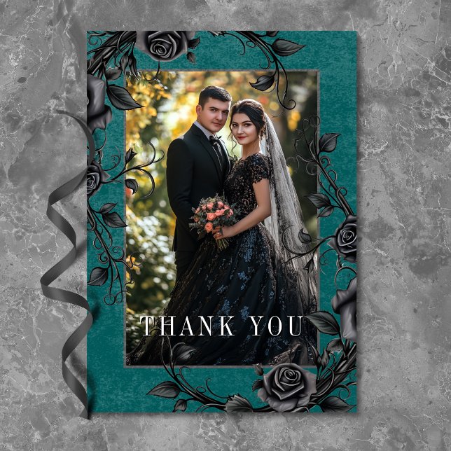 Gothic Black Raven Black Rose Aquamarines Foto Hoc Dankeskarte (Gothic Black Raven Black Roses Teal Photo Wedding Thank You Card)