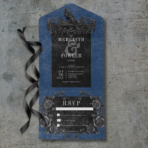 Gothic Black Raven & Black Rose Blue No Dinner All In One Einladung