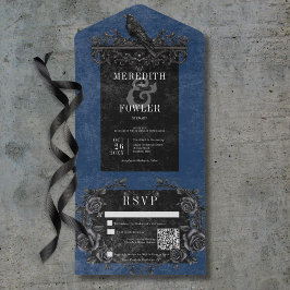 Gothic Black Raven & Black Rose Blue QR Code All In One Einladung