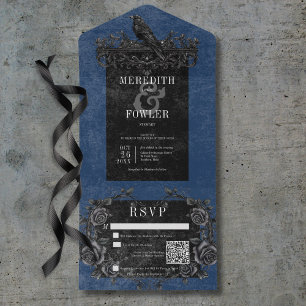 Gothic Black Raven & Black Rose Blue QR Code All In One Einladung