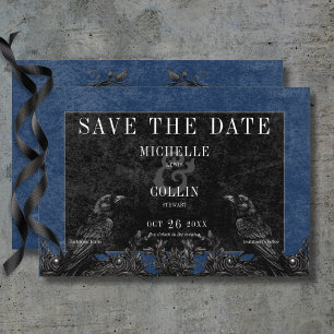 Gothic Black Raven & Black Rose Blue Wedding Save The Date